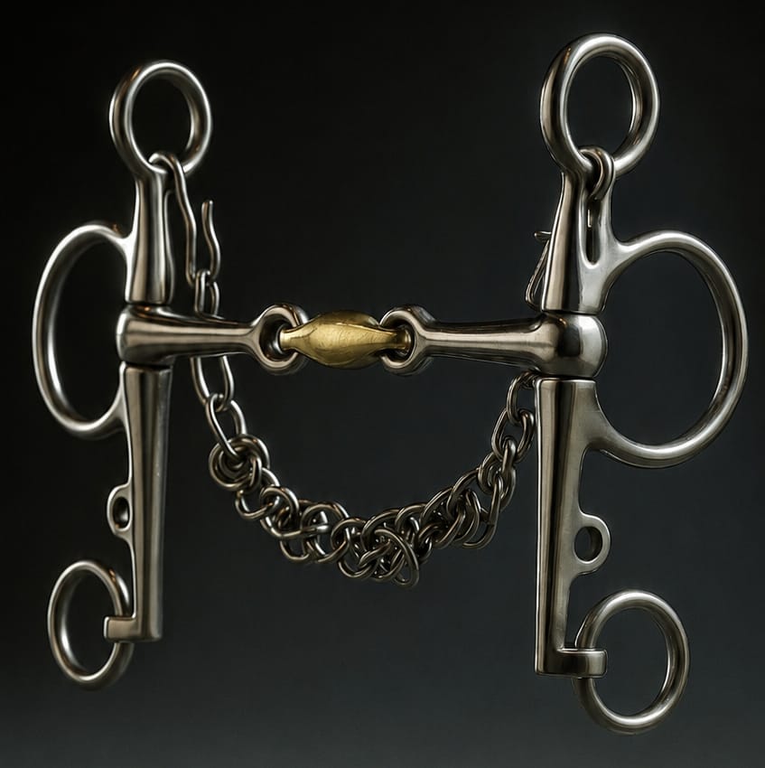 Pelham Bit SS, Double Jointed Solid SS Mouth and Brass Lozenge