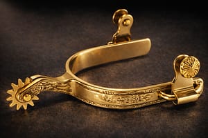 Western Spur SS tooled with Brass Button and Reining Rowel Golden