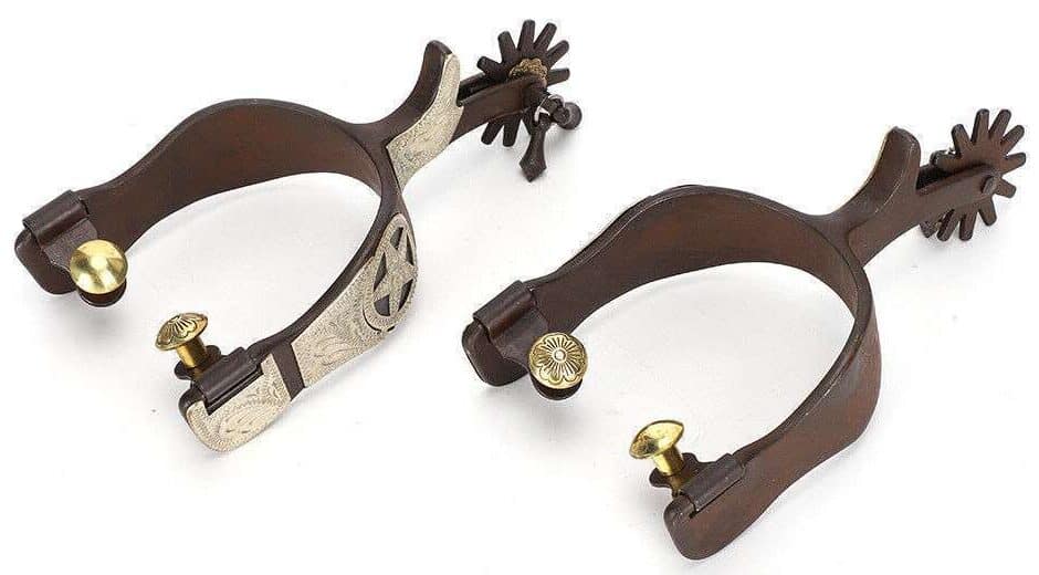 Stainless Steel Vintage Cowboy Spur with tooled Silver and brass Rowel, Jingles and brass buttons